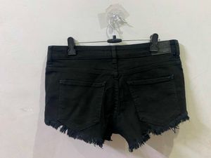 Black Denim Frayed Hem Shorts