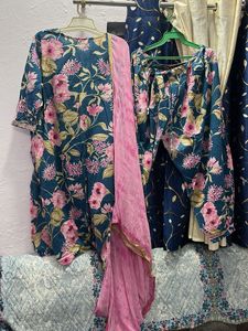 Floral Teal Kurta Set with Pink Dupatta