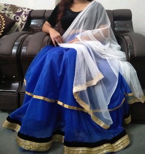 Royal Blue Lehenga Golden Lace With Black Blouse