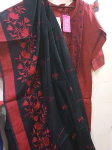 Embroidered Kurti With Dupatta And Churidar Set