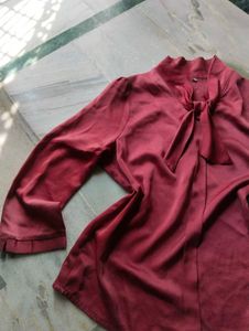 Chic Maroon Satin Top with Bow
