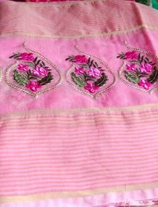 kota doria Beautiful Pink Embroidered Saree