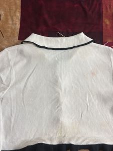 White Cropped Cardigan with Black Trim