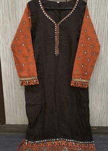 Elegant Brown Kurta with Orange Sleeves