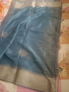 Deep Teal Blue Net Saree with Traditional Zari Bor