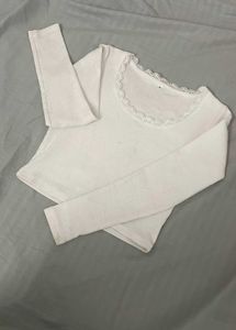 White Lace Trim Long Sleeve Top