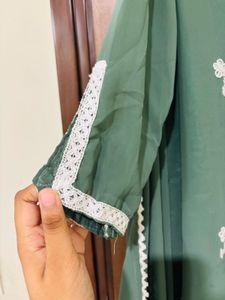Green Kurta Set with White Pants &amp; Dupatta