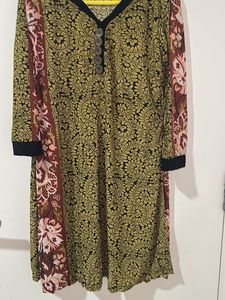 Olive Printed Kurta with button detailing