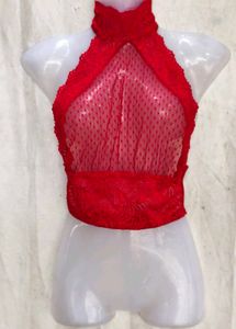 Red Lace Halter Neck Crop Top