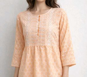 Peach Chikankari Embroidered Short  Kurti