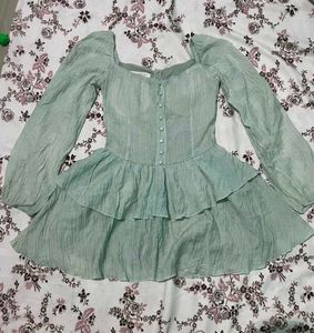 Mint Green Tiered Puff Sleeve Dress