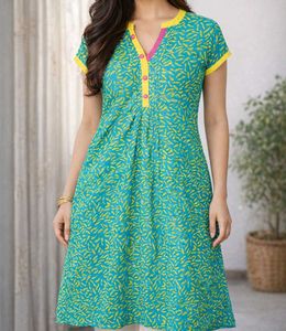 Teal &amp; Yellow Leaf Print Kurta