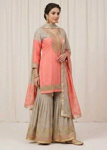 Beautiful Peach & Grey Kurta gharara set