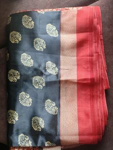 Poly Silk Black Saree With Red Corner