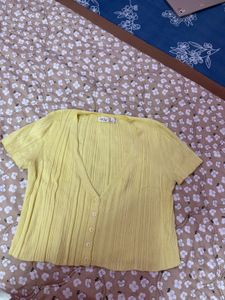 Yellow Ribbed Button-Up Crop Top