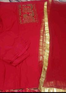 unstitched Red Embroidered Kurta Set