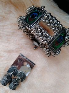 Peacock Jhumka Earrings and oxidised bangle