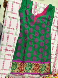 Vibrant Green Kurta with Purple Polka Dots