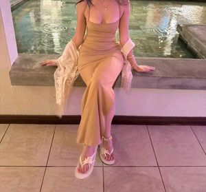 Elegant Beige Ribbed Maxi Dress