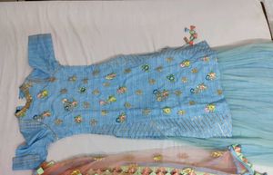Sky Blue Embroidered Kurti And Skirt Set