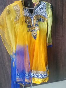 Yellow & Blue Embroidered Salwar Suit