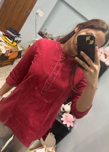 Red Kurti with Embellished Neckline
