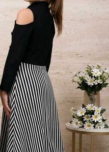Stylish Black &amp; White Striped Cold Shoulder Dress