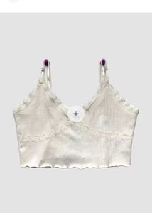 H&amp;M Cream Ribbed Lace Trim Camisole Top