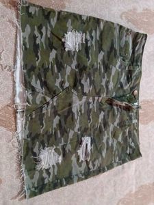 Cargo Denim Skirt with Camo Panel     korean skir