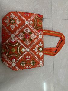 Vibrant Orange Zari &amp; Sequin Embroidered Ethnic Ha