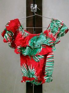 Red & Green Tropical Print Off-Shoulder Top