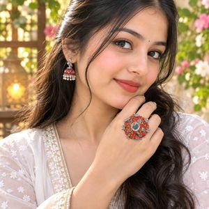 Beautiful Red & Silver Jhumka Earrings & Ring