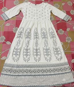 White Anarkali Kurta with Blue Block Print