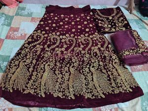 Elegant Velvet Peacock semi stitched Lehenga Set
