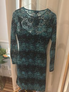 Topshop London Teal Blue Lace Print Bodycon Dress