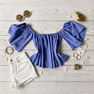Off-Shoulder Blue Puff Sleeve Top