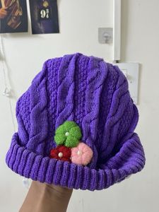 Purple Knit Beanie with Flower Embellishments