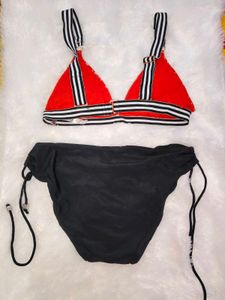 Red Floral Bikini Set with Black Bottom