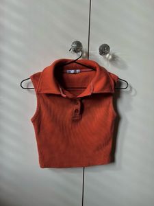 Sleeveless Ribbed Polo Crop Top