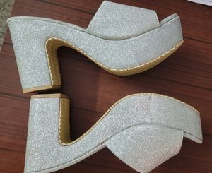 Fancy White Silver Women Block Heel