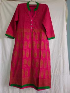 Vibrant Pink Kurta with Green Trim