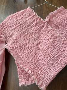 Chic Off-Shoulder Smocked Pink Top