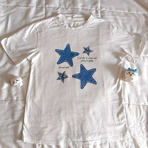 White T-Shirt with Blue Star Appliques