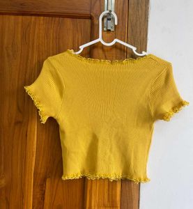 Mustard Yellow Ribbed Lettuce-Hem Knit Top