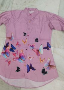 Pink Butterfly Print Button-Up Shirt