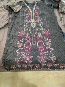 Grey colored full embroidered kurti salwar set