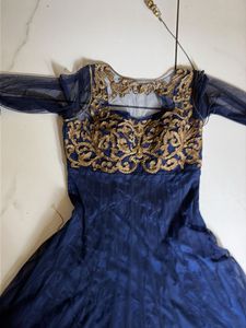 Elegant Navy Blue Gown with Gold Embellishments