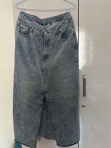 Vintage Acid Wash Denim Maxi Skirt with Slit
