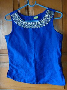 Elegant Blue Embroidered Sleeveless Blouse