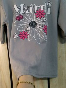 Grey Ribbed T-Shirt with Floral Detail